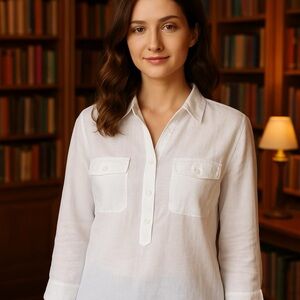 Lauren Ralph Lauren | White Linen Collared Half Button Pop-Over Shirt, Size S